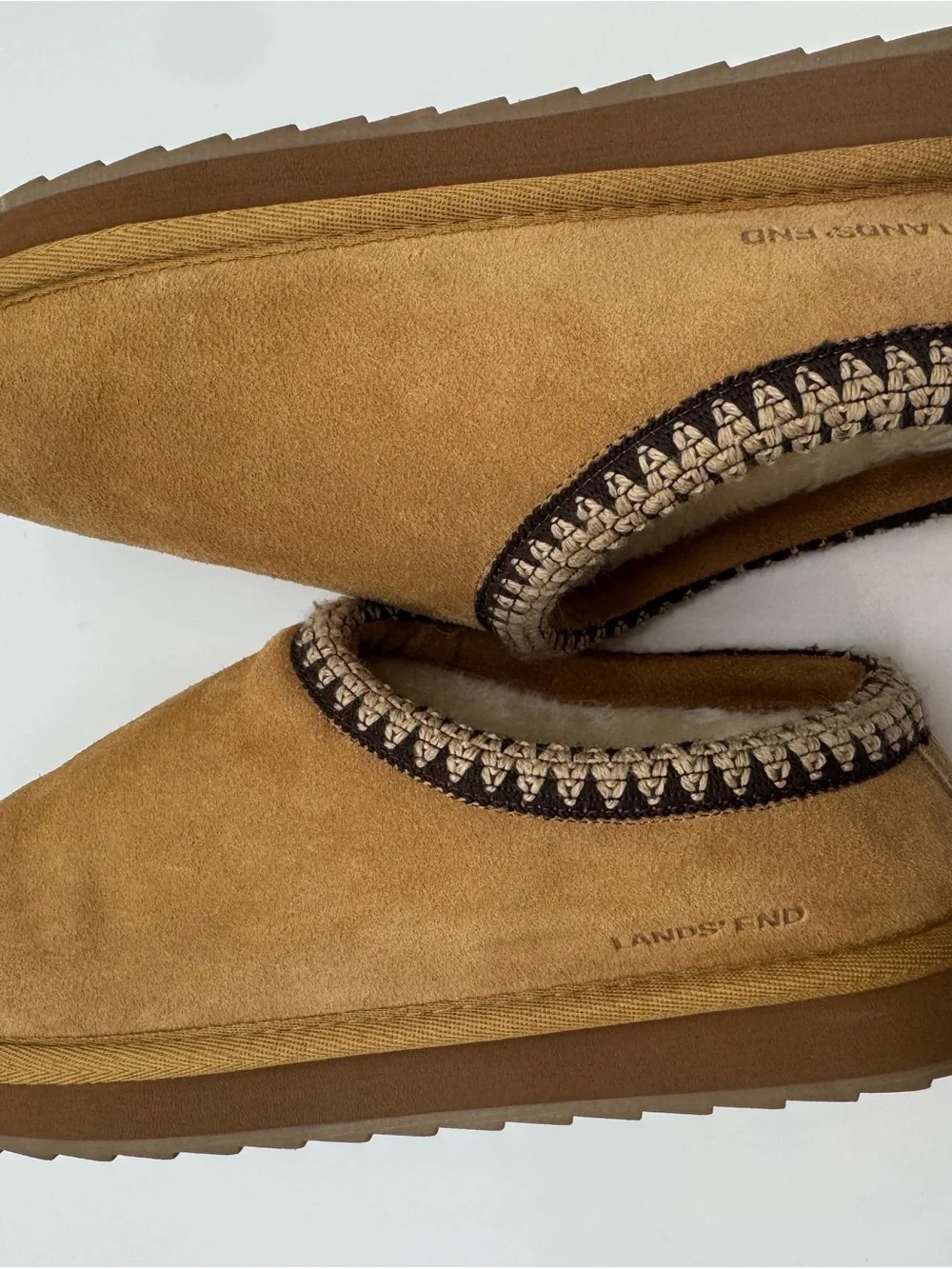 Lands' End Tan Suede Slip-On Slippers with Braided Trim Womens 11 Mens 9 new